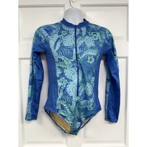 NWT Cabana Life Unisuit L One Piece Swimsuit Rash Guard Long Sleeve Aqua Floral